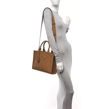 Prada Soft Calfskin Triangolo Symbole Embossed Mini Tote Caramel 2 of 9