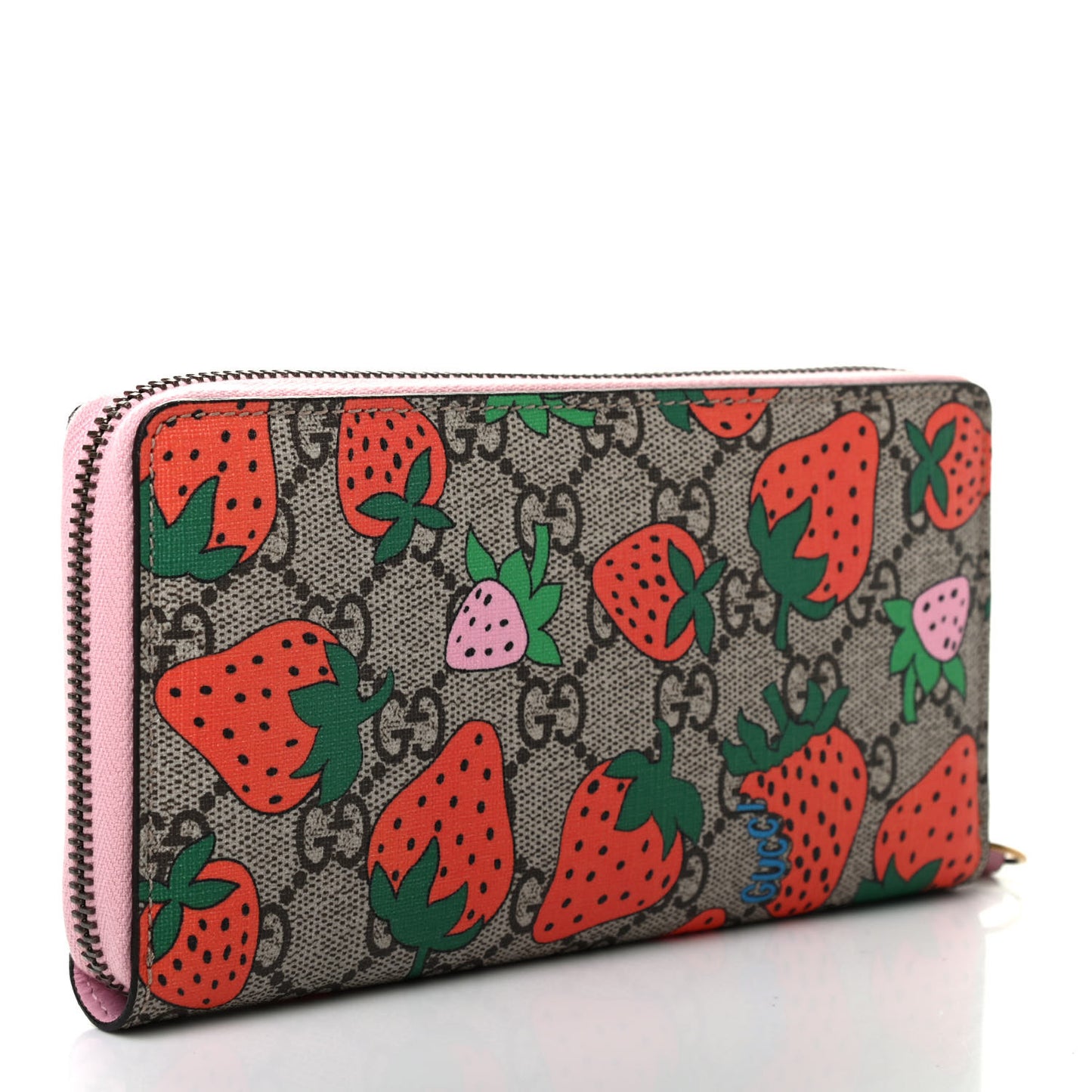 GG Supreme Monogram Strawberry Zip Around Wallet Light Pink