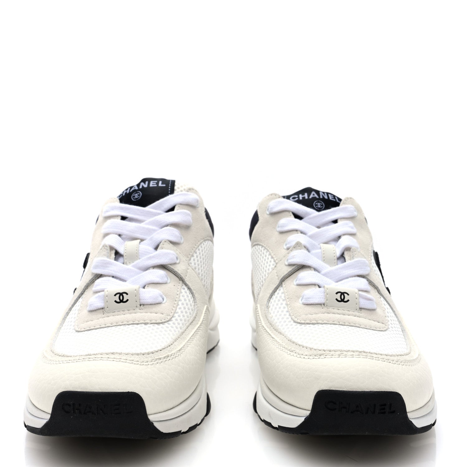 Chanel Mesh Suede Calfskin Grained Calfskin Womens CC Sneakers 38.5 White Black 2 of 8
