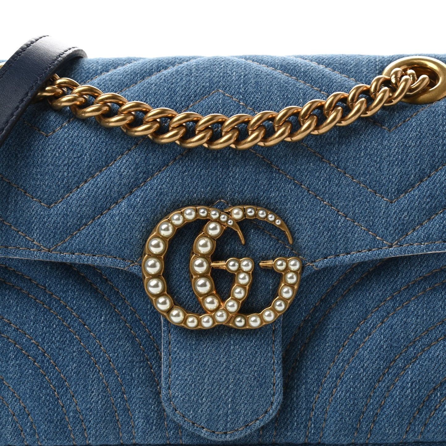 Denim Matelasse Mini Pearly GG Marmont Shoulder Bag Blue