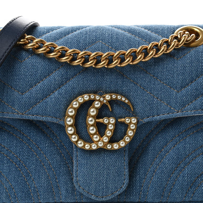 Gucci Denim Matelasse Mini Pearly GG Marmont Shoulder Bag Blue 7 of 10