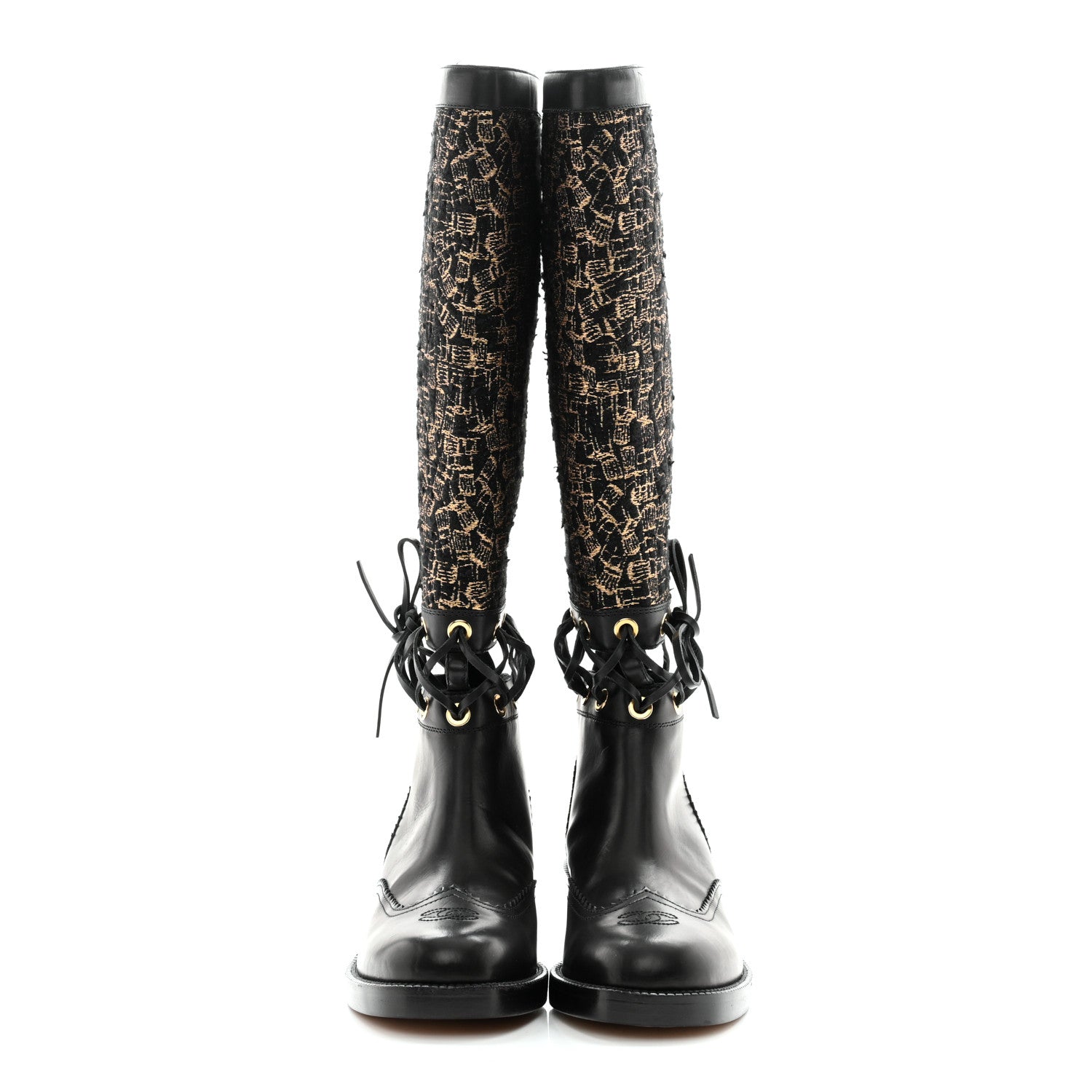 Chanel Tweed Calfskin Lace Up Knee Boots 38 Black 2 of 8