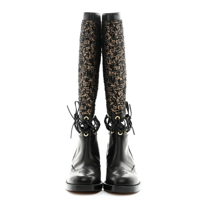 Chanel Tweed Calfskin Lace Up Knee Boots 38 Black 2 of 8