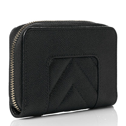 Chanel Metallic Caviar Chevron Quilted Vintage Mademoiselle Zip Coin Purse Black 3 of 10