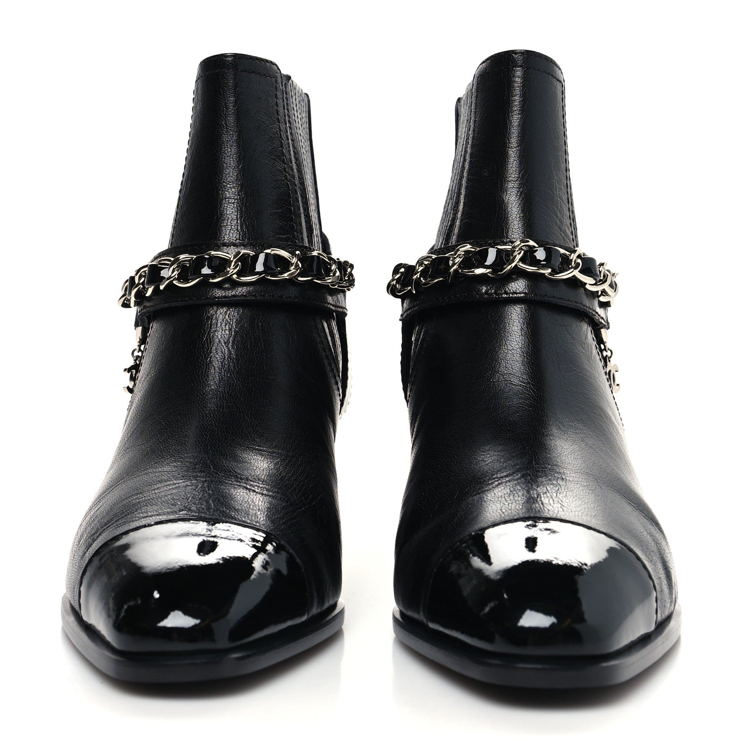 Chanel Goatskin Patent CC Cap Toe Chain Boots 37 Black 2 of 8