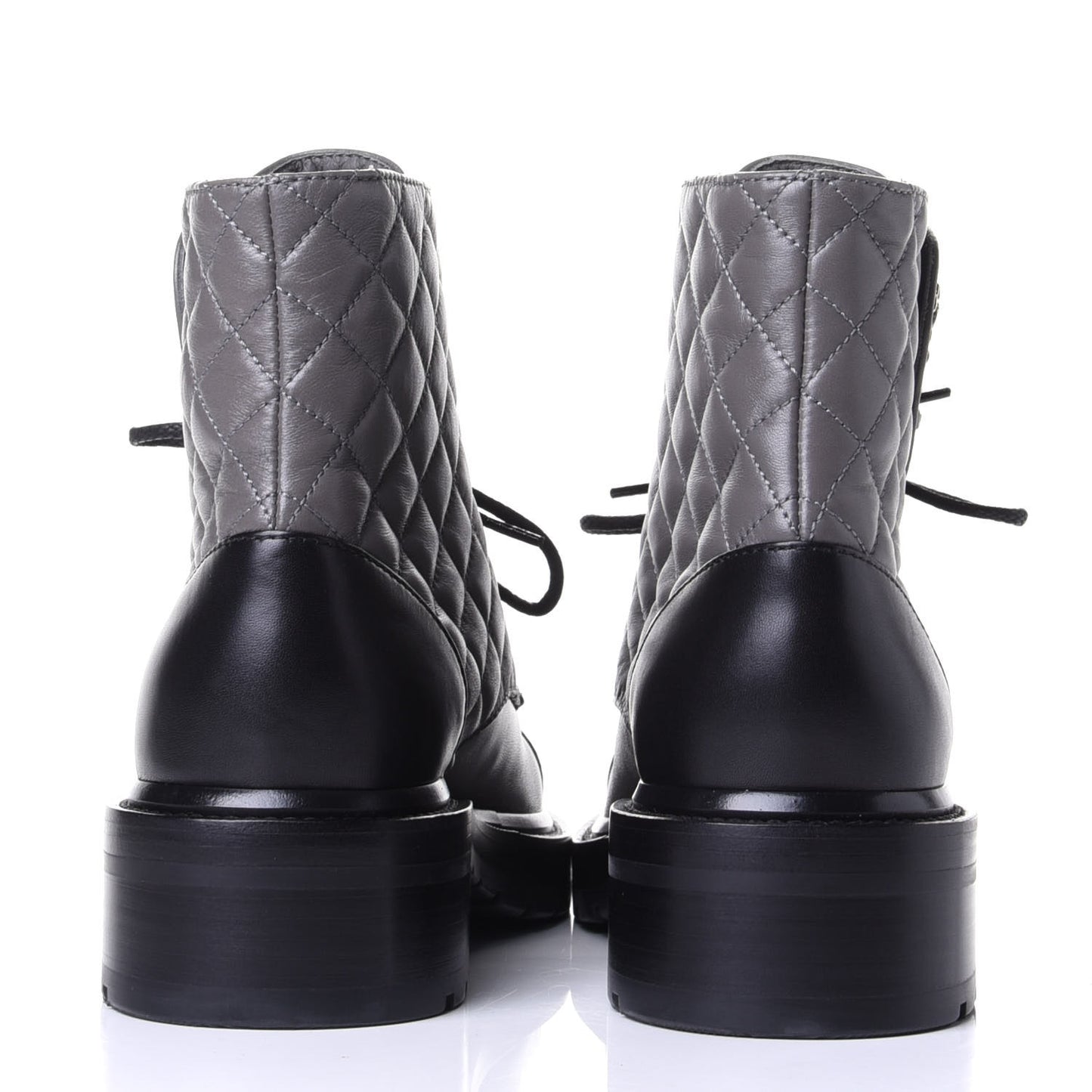 Shiny Lambskin Quilted Lace Up Combat Boots 38.5 Grey Black