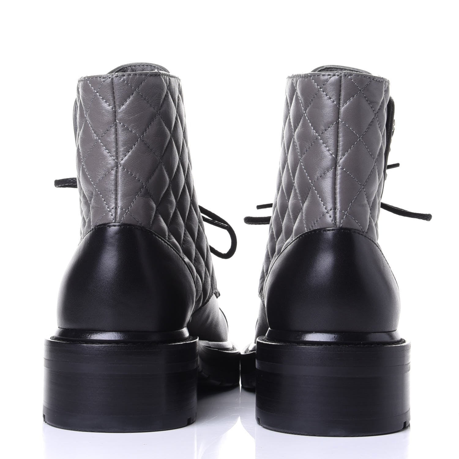 Chanel Shiny Lambskin Quilted Lace Up Combat Boots 38.5 Grey Black 6 of 11