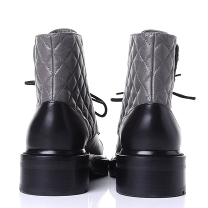 Chanel Shiny Lambskin Quilted Lace Up Combat Boots 38.5 Grey Black 6 of 11