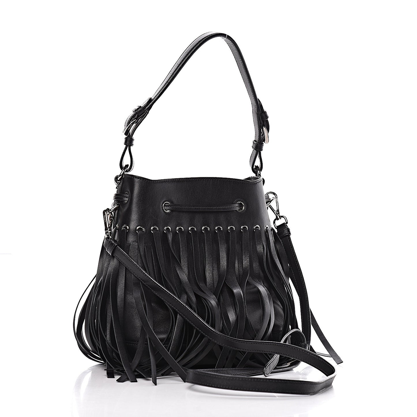 Soft Calfskin Fringe Bucket Bag Black
