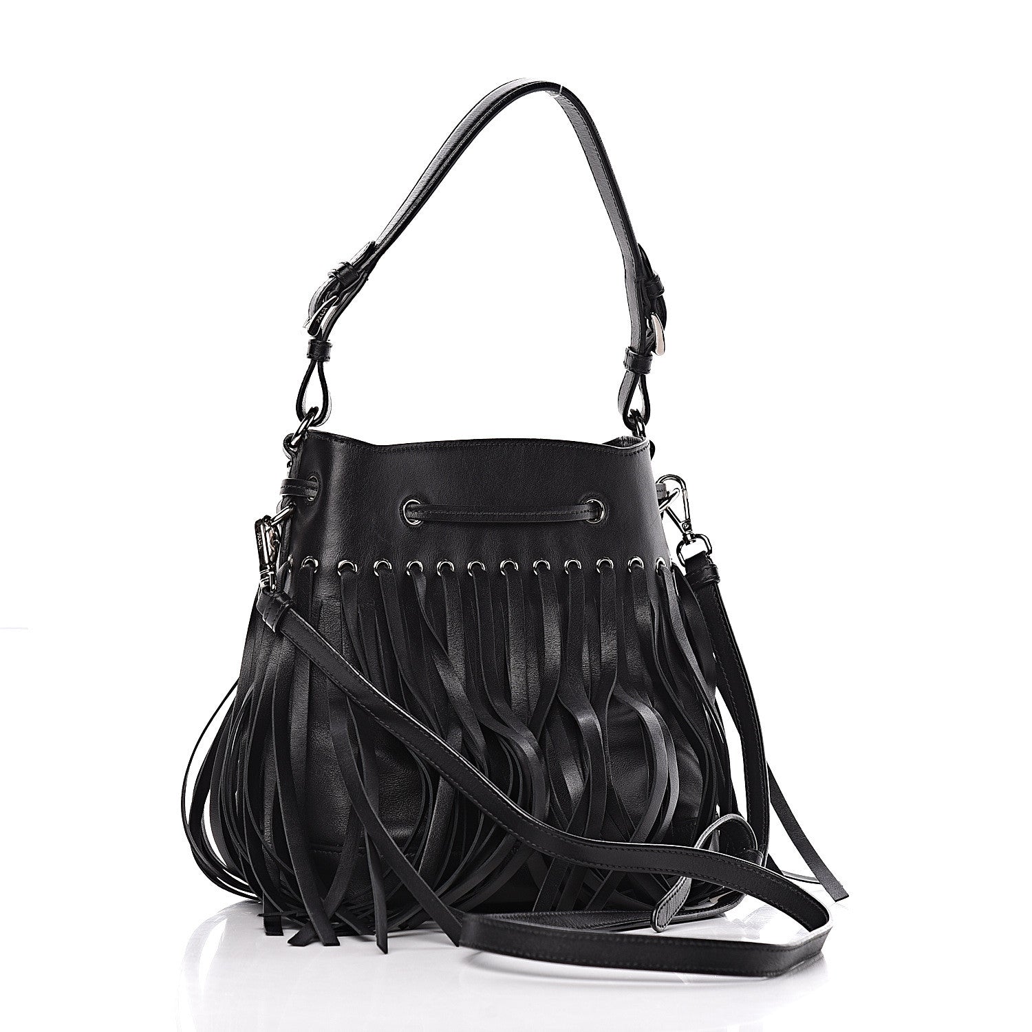 Prada Soft Calfskin Fringe Bucket Bag Black 3 of 15