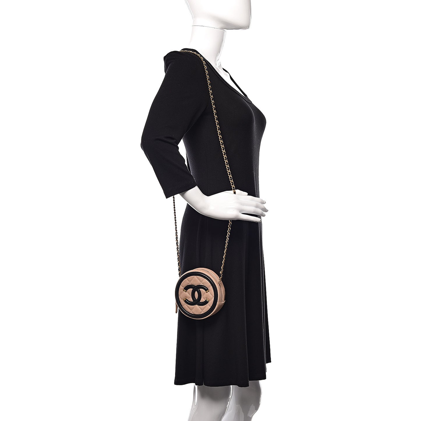 Caviar Quilted Round Filigree Crossbody Beige Black