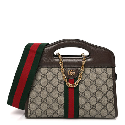 Gucci GG Supreme Monogram Textured Dollar Calfskin Web Small Ophidia Slip Handle Tote Beige Ebony New Acero 1 of 10