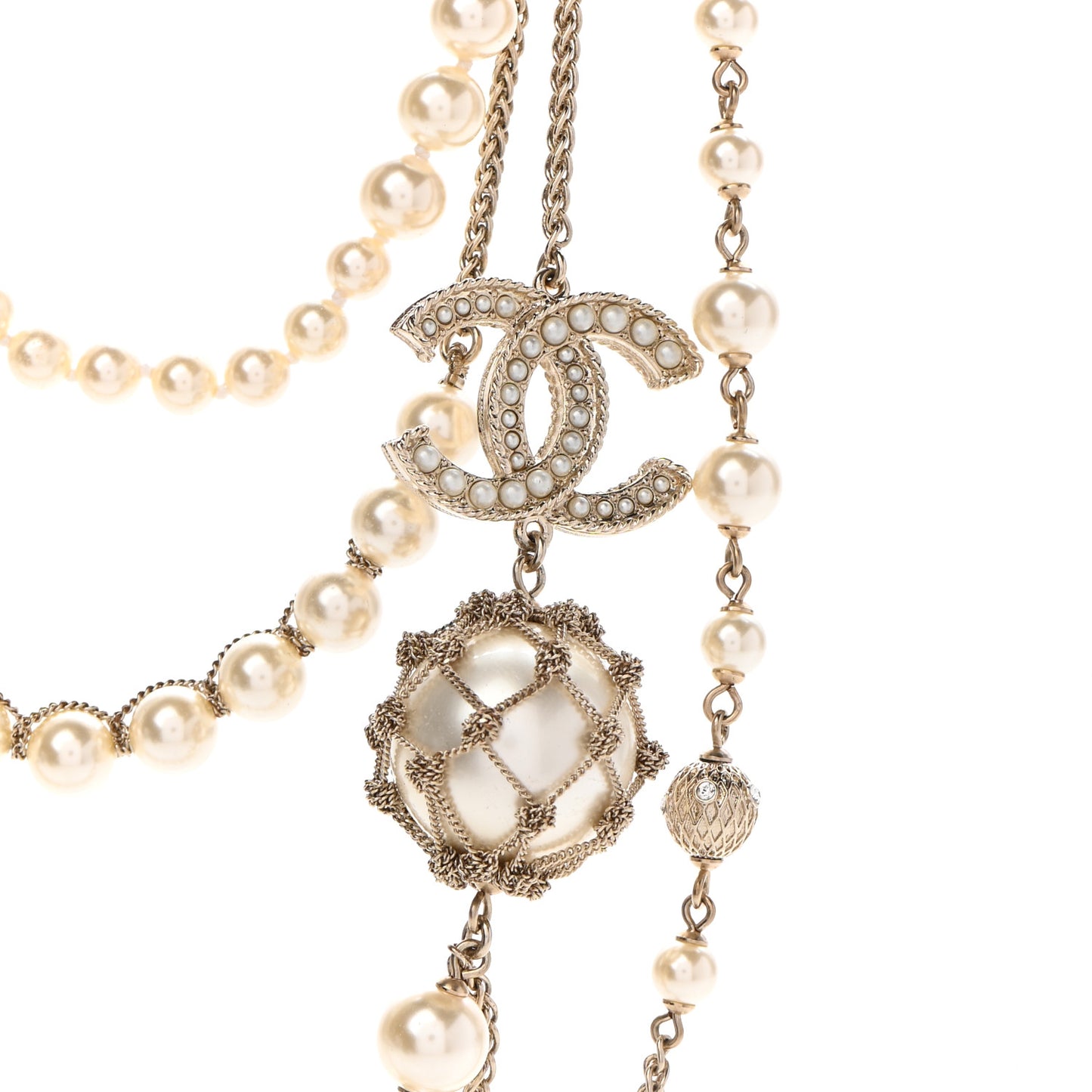 Pearl Chain CC Long Multistrand Necklace Gold