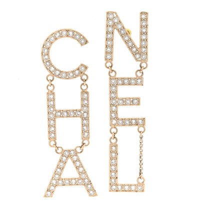 Chanel Crystal Cha-Nel Logo Drop Earrings Gold 1 of 7