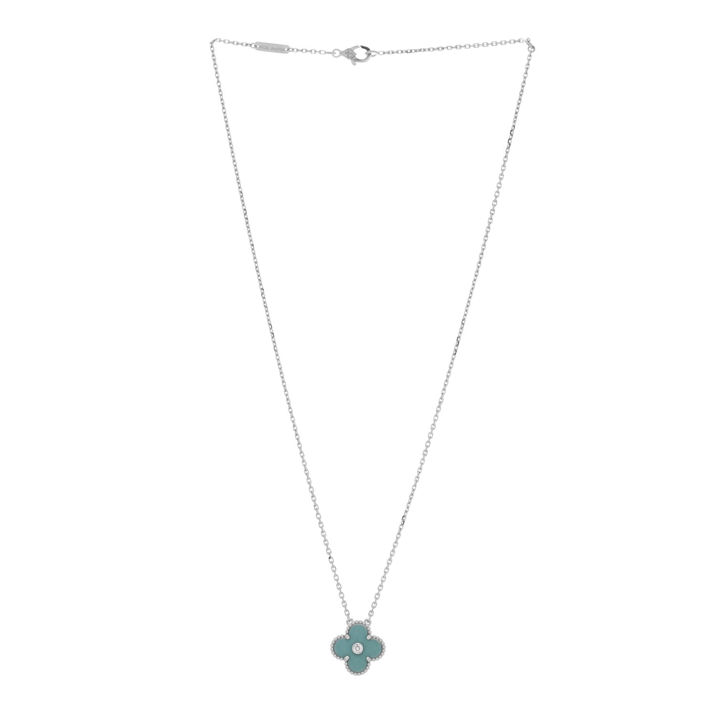 18K White Gold Diamond Celadon Green Sevres Porcelain Vintage Alhambra Pendant Necklace