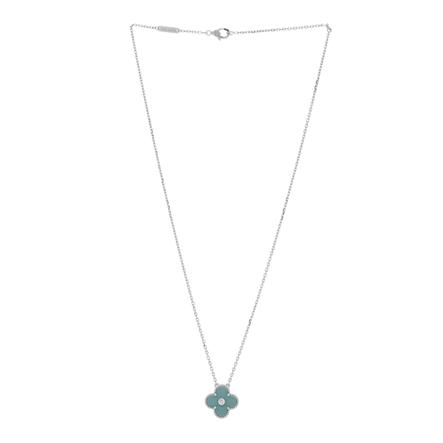 Van Cleef & Arpels 18K White Gold Diamond Celadon Green Sevres Porcelain Vintage Alhambra Pendant Necklace 3 of 5