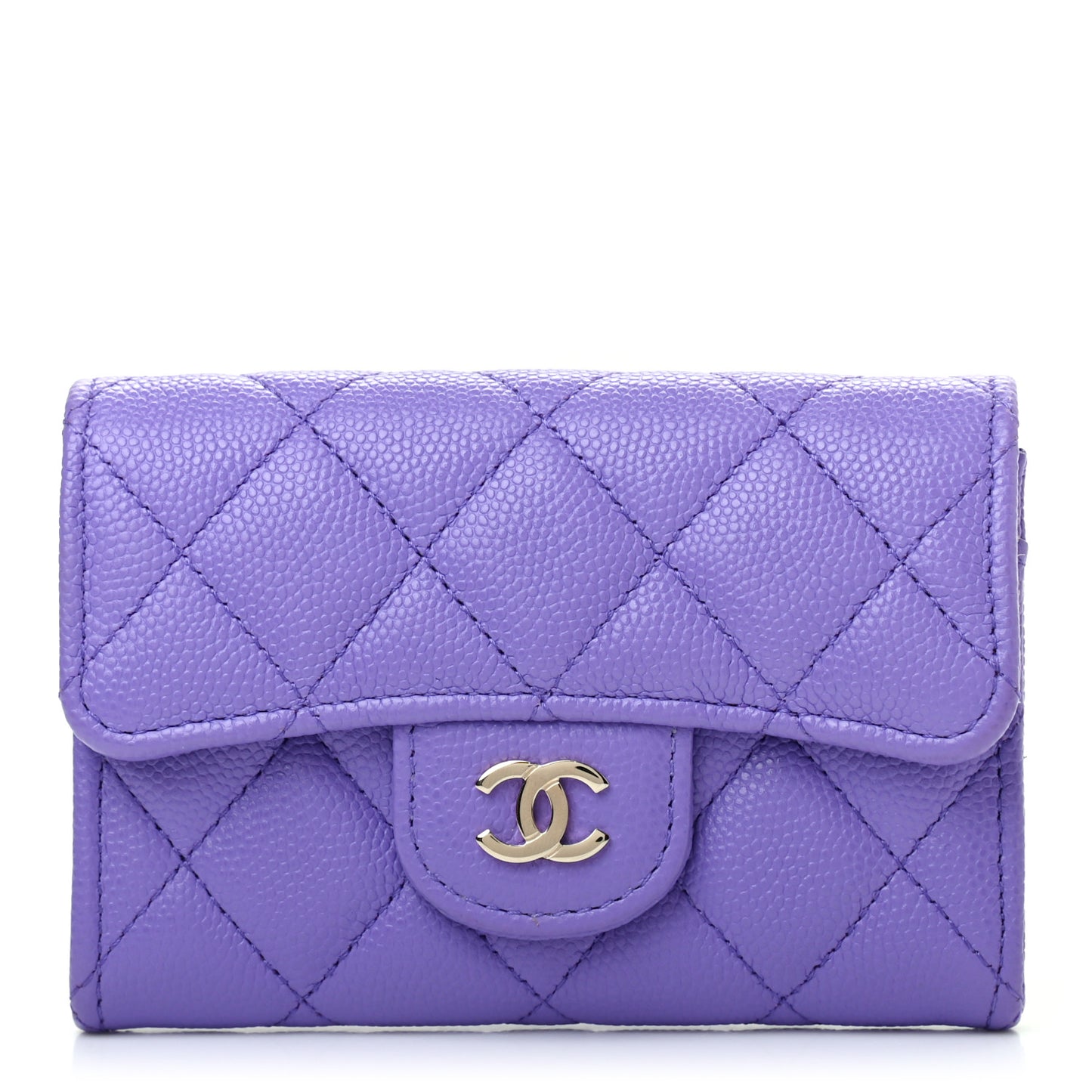 Caviar Quilted Flap Card Holder Wallet Purple