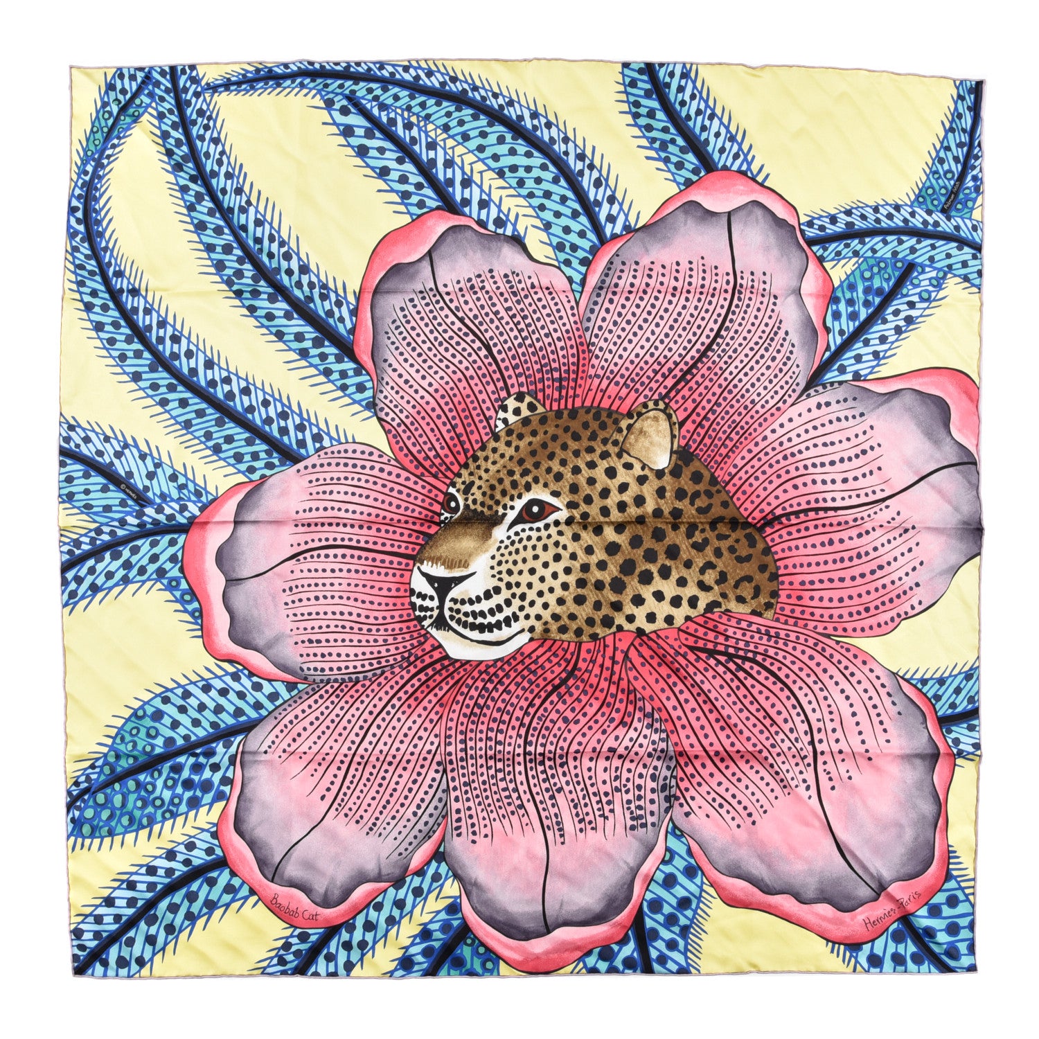 Hermes Silk Twill Baobab Cat Scarf 90 Jaune Canard Rose Jaune Canard Rose 1 of 5