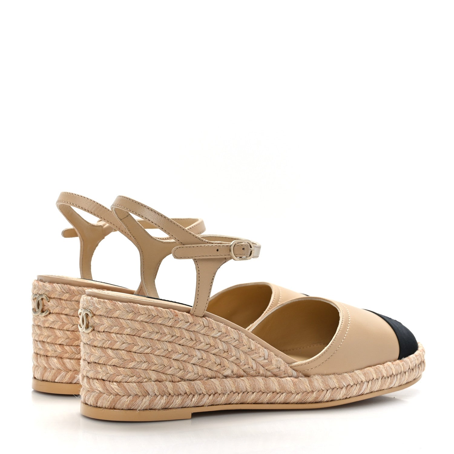 Chanel Lambskin Grosgrain CC Espadrilles Wedges 41 Beige Black 4 of 9