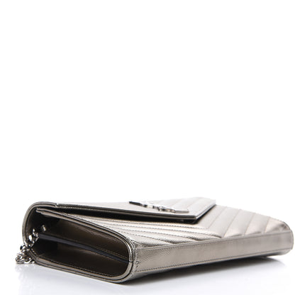 Saint Laurent Metallic Grain De Poudre Matelasse Chevron Monogram Chain Wallet Piombo 3 of 8