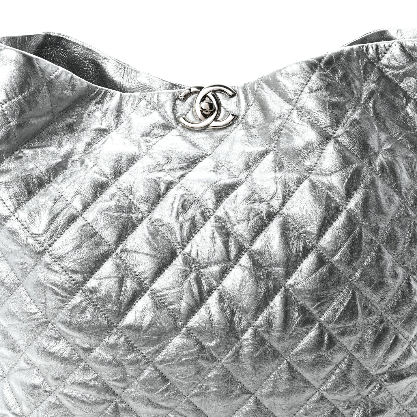 Metallic Crackled Calfskin Quilted Large Big Bang Hobo Silver