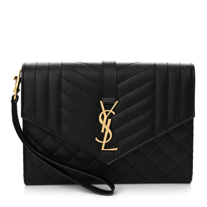 Saint Laurent Grain De Poudre Textured Mixed Matelasse Triquilt Monogram Clutch Black 1 of 14