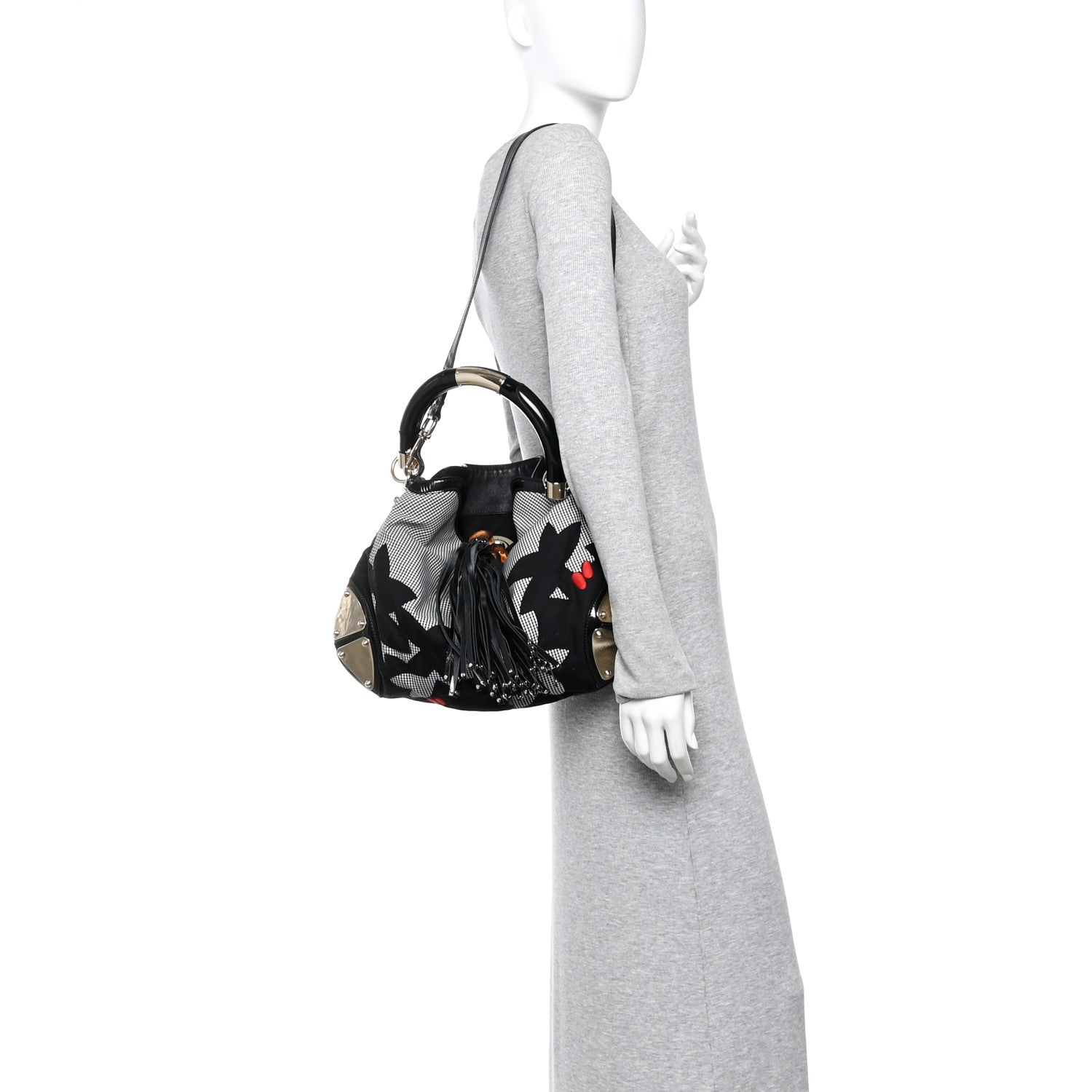 Gucci Cotton Patent Calfskin Large Indy Top Handle Hobo Black White Red 2 of 10