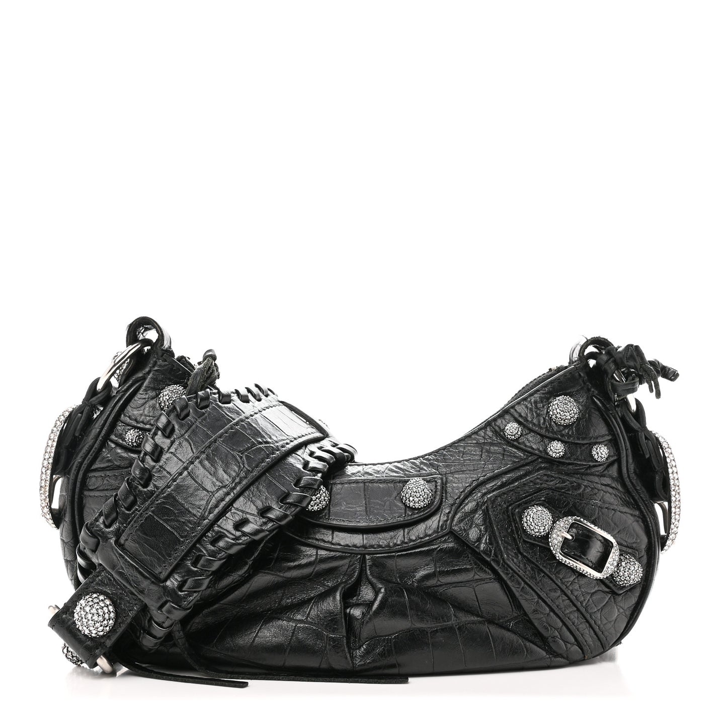 Extra Supple Calfskin Crystal Crocodile Embossed Le Cagole Shoulder Bag XS Black