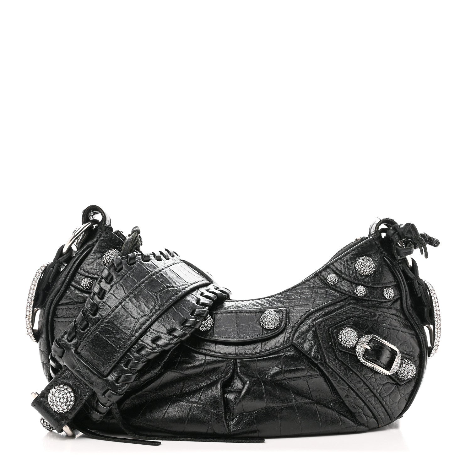 Balenciaga Extra Supple Calfskin Crystal Crocodile Embossed Le Cagole Shoulder Bag XS Black 1 of 11