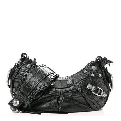 Balenciaga Extra Supple Calfskin Crystal Crocodile Embossed Le Cagole Shoulder Bag XS Black 1 of 11