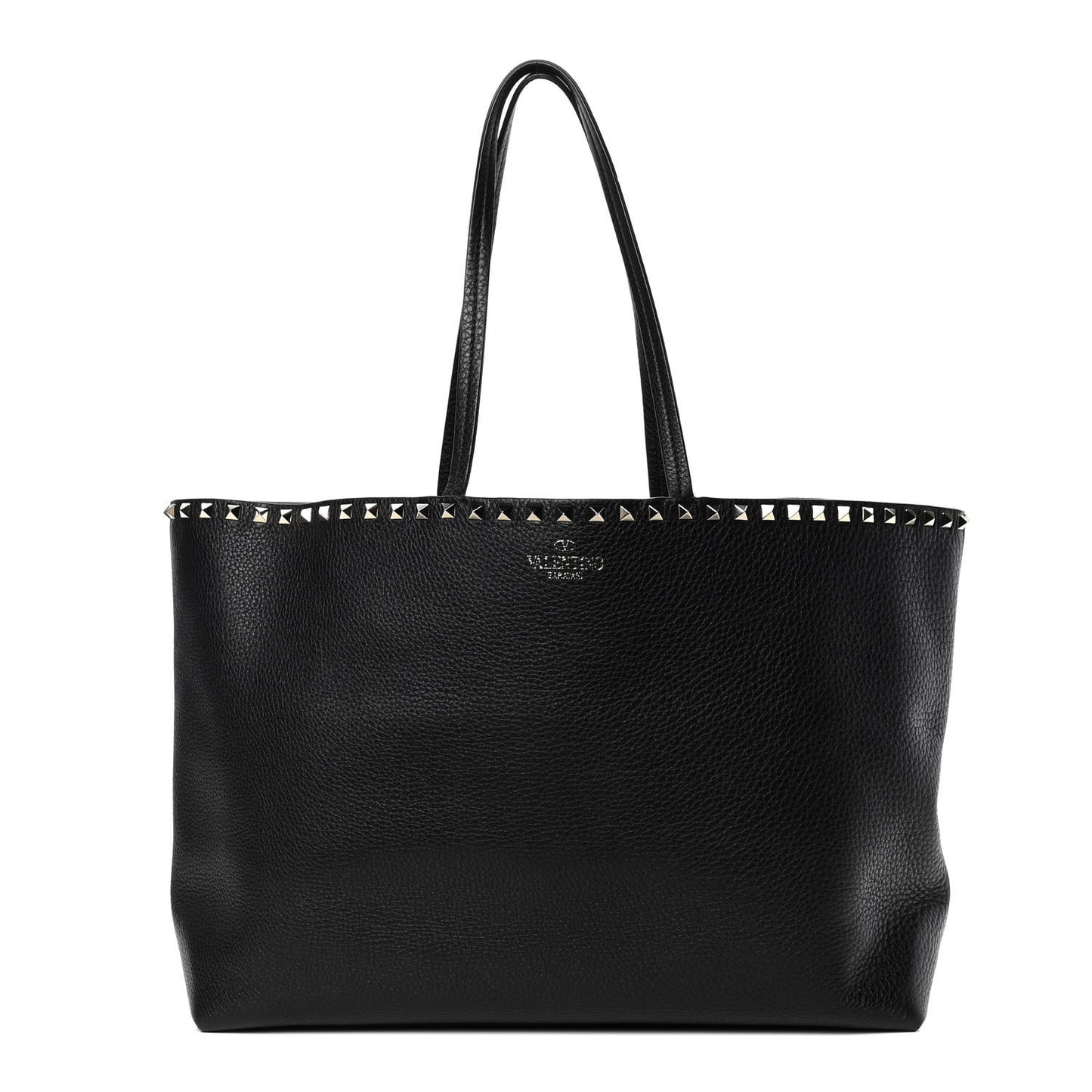Grained Calfskin Rockstud Shoulder Tote Black