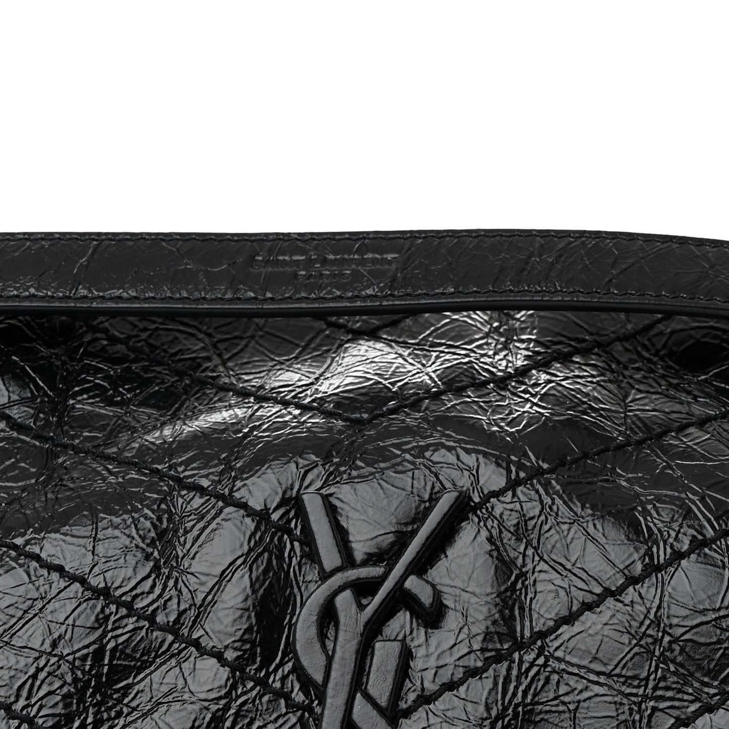 Crinkled Calfskin Matelasse Monogram Medium Niki Chain Satchel Black