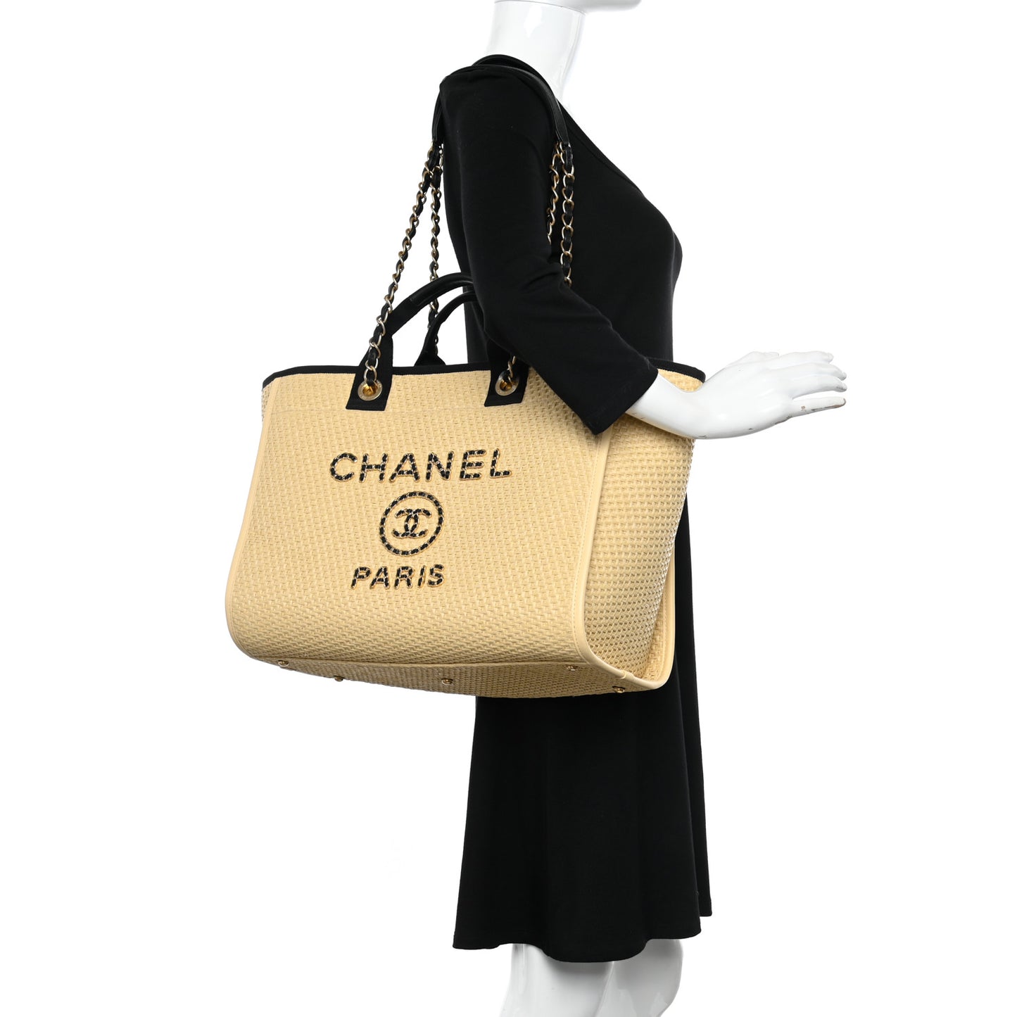 Straw Raffia Calfskin Chain Medium Deauville Tote Beige Black