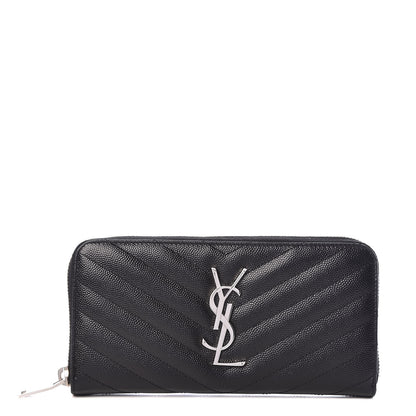 Saint Laurent Grain De Poudre Matelasse Chevron Monogram Zip Around Wallet Black 1 of 7