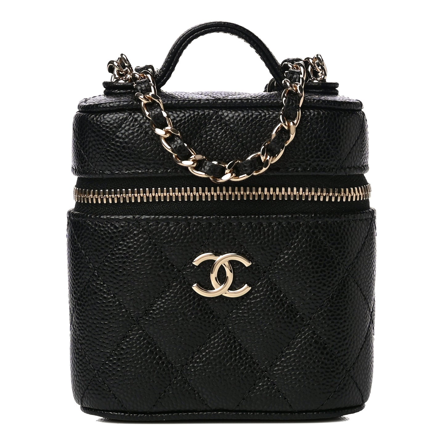 Caviar Quilted Small Handle With Care Vanity Case With Chain Black