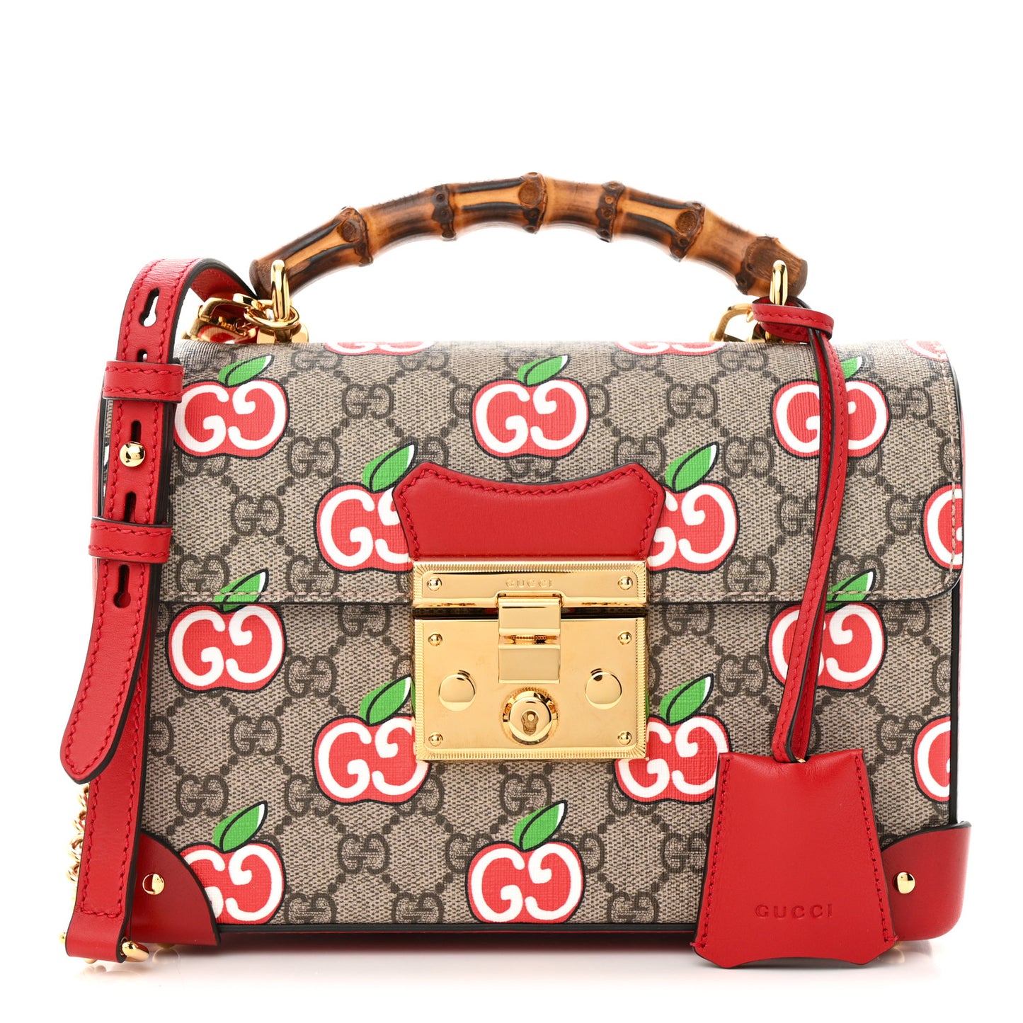 GG Supreme Monogram Apple Small Padlock Bamboo Shoulder Bag Beige Multicolor Lobster Red