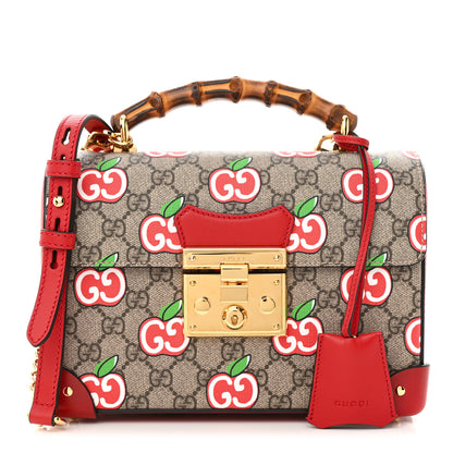 Gucci GG Supreme Monogram Apple Small Padlock Bamboo Shoulder Bag Beige Multicolor Lobster Red 1 of 9