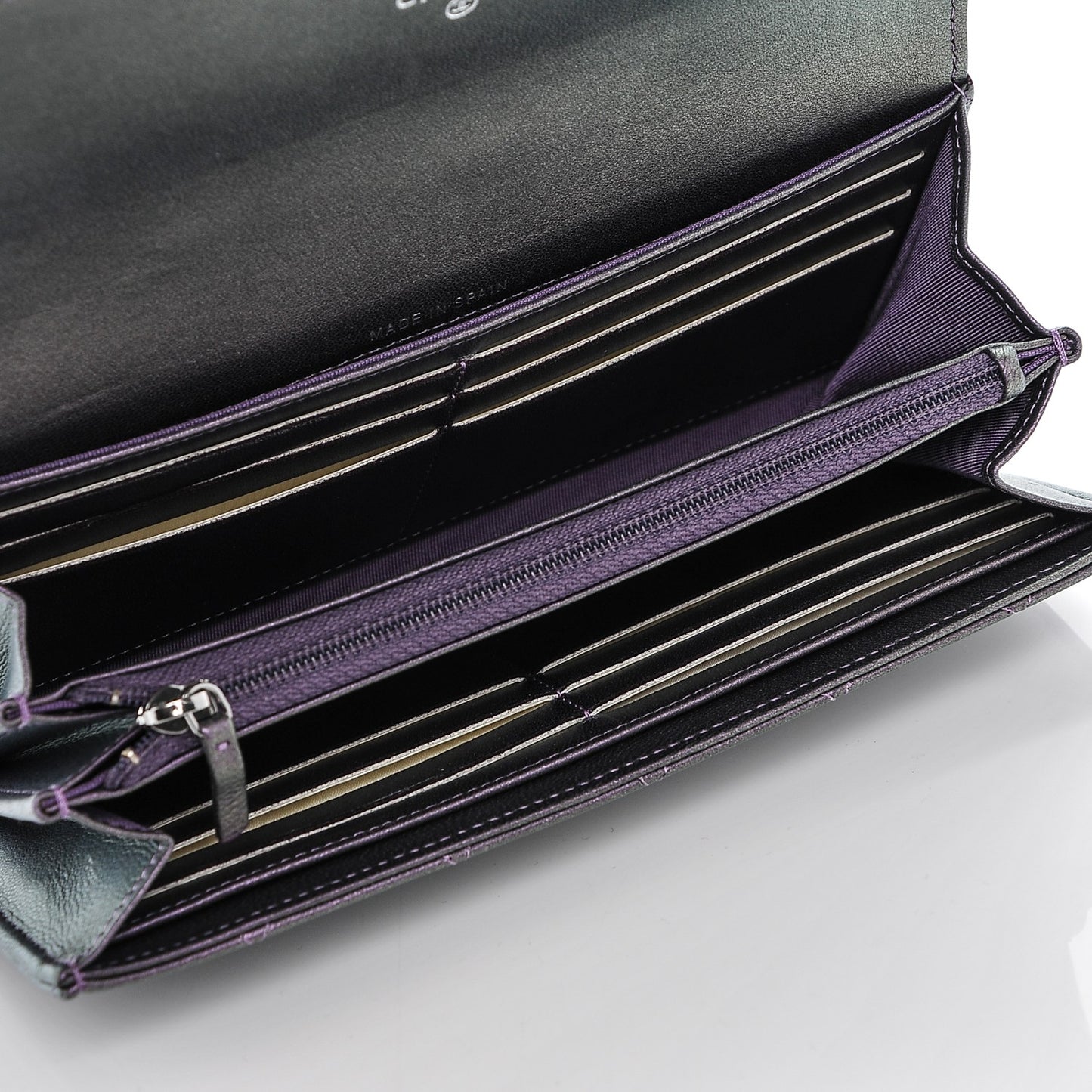 Iridescent Lambskin Quilted Large Gusset Flap Wallet Purple
