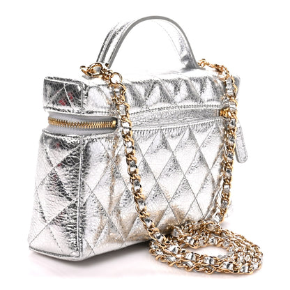Chanel Metallic Calfskin Quilted Top Handle Slim Vanity With Chain Silver 3 of 10