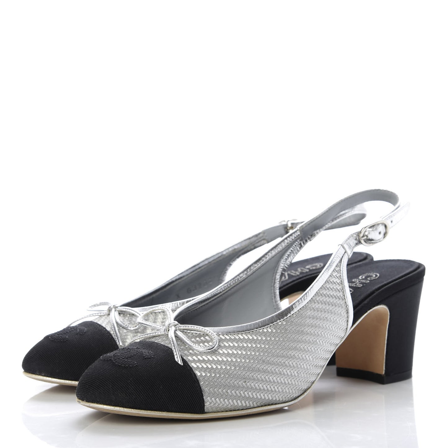 Woven Plastic Grosgrain Cap Toe CC Slingback Pumps 39 Black Silver