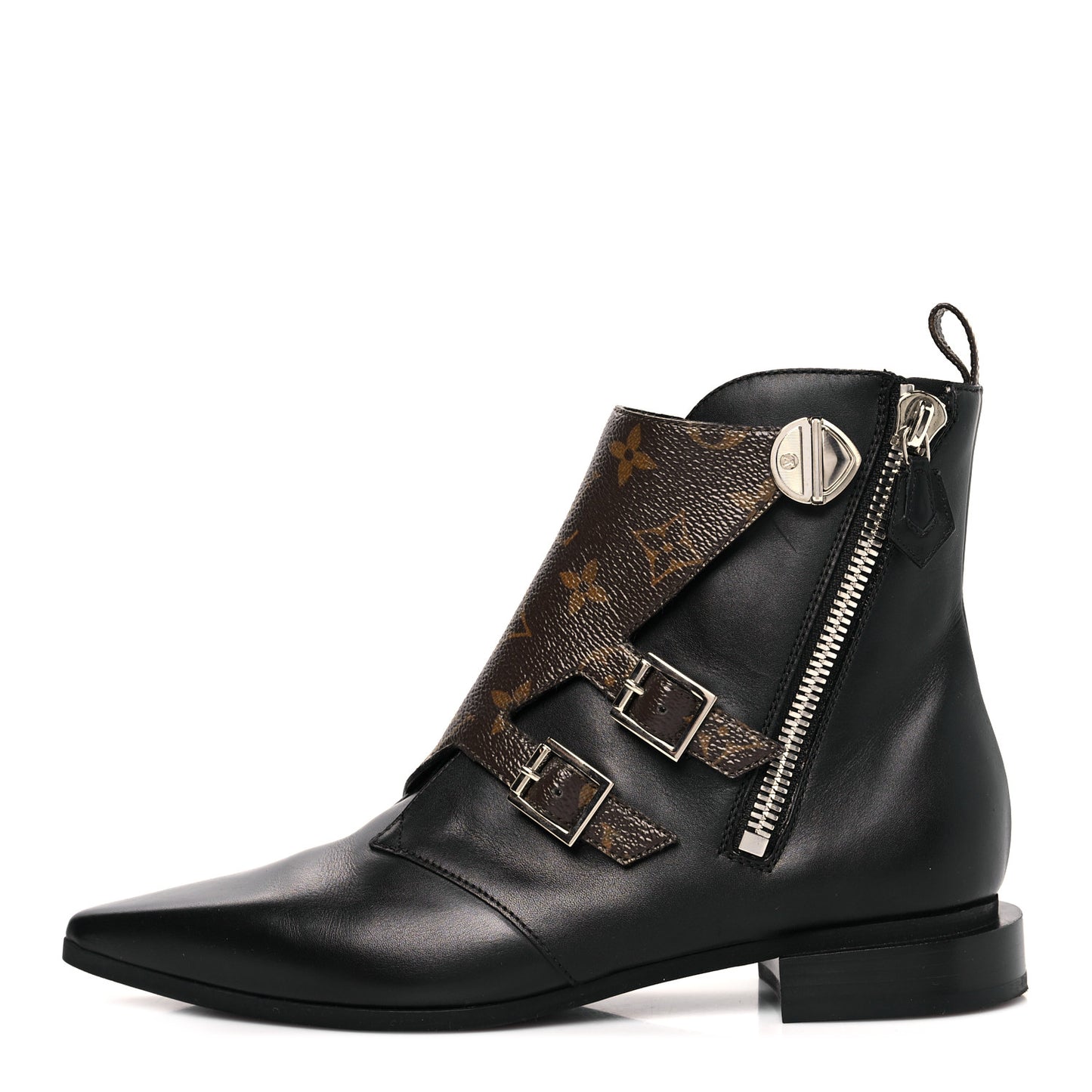 Calfskin Monogram Jumble Flat Ankle Boots 37 Black
