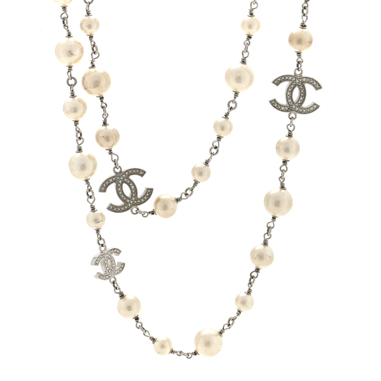 Graduated Pearl Crystal CC Long Necklace Silver