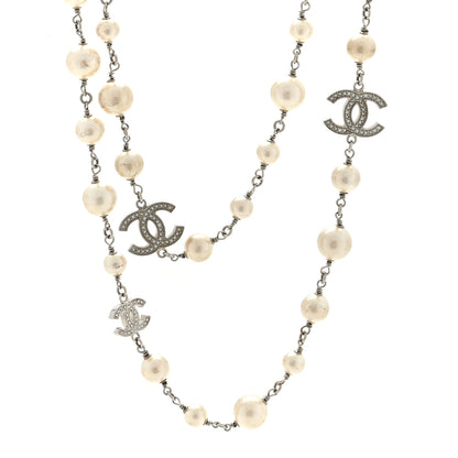 Chanel Graduated Pearl Crystal CC Long Necklace Silver 1 of 4