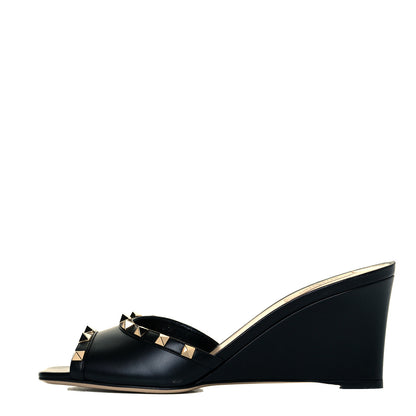 Valentino Garavani Calfskin Rockstud Wedge Sandals 41 Black 1 of 24