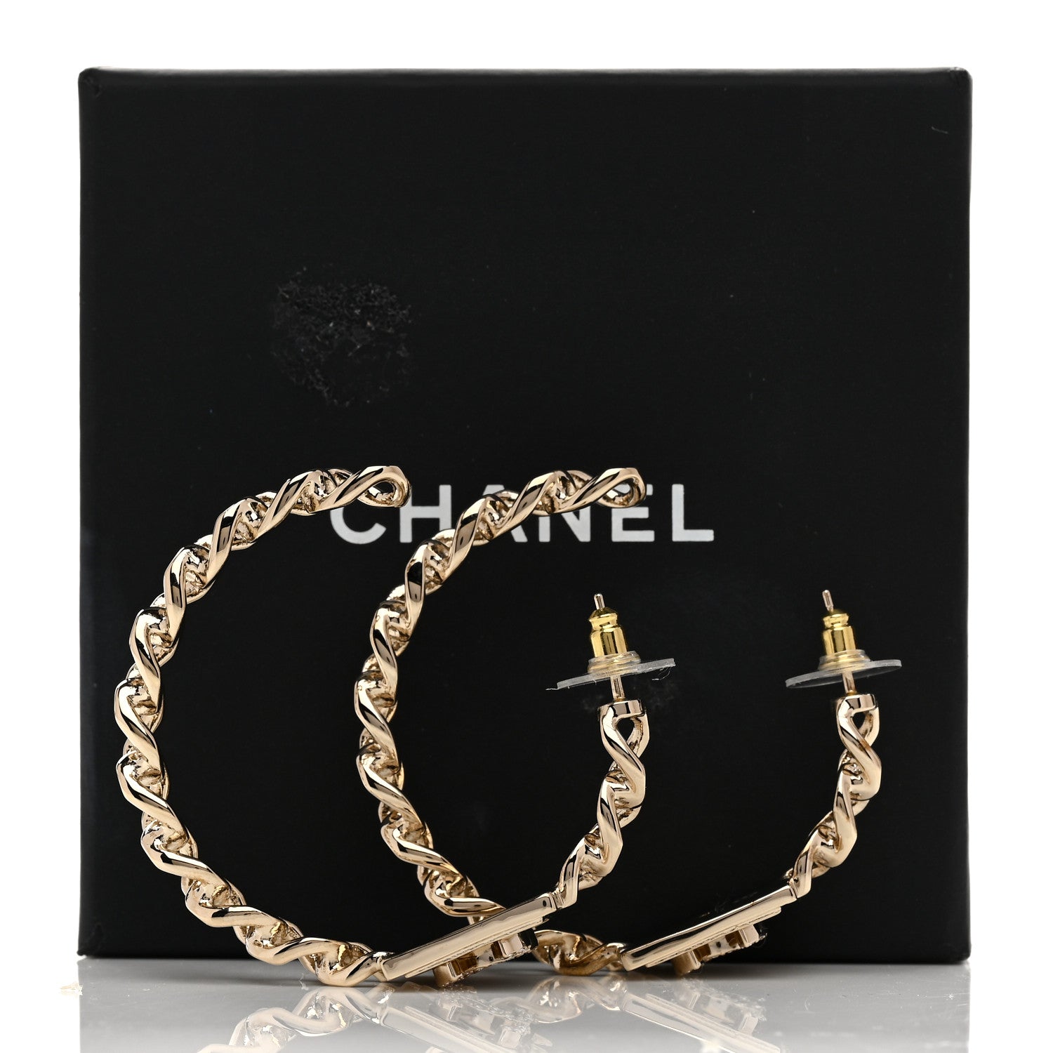 Chanel Metal Crystal CC Square Chain Hoop Earrings Gold 5 of 5