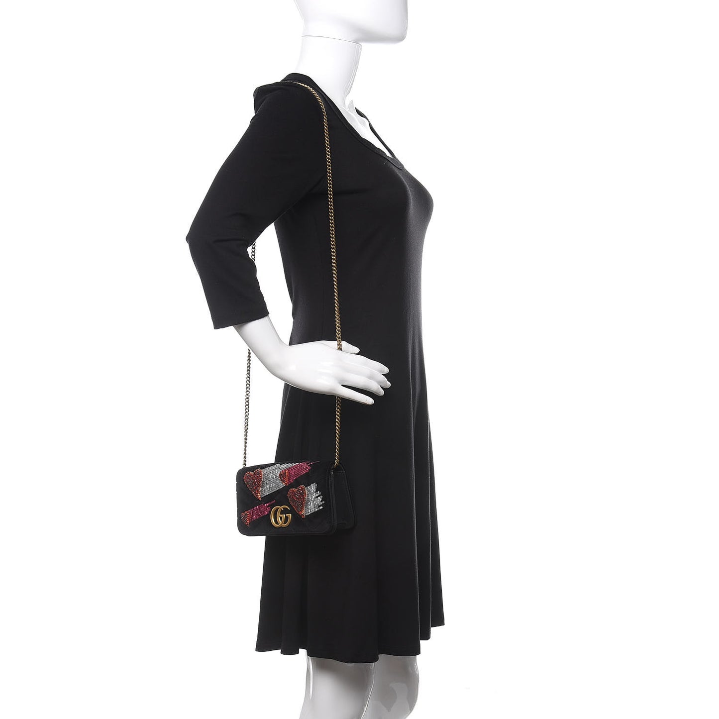 Velvet Matelasse Crystal Sequin Heart Embroidered GG Marmont Mini Bag Black
