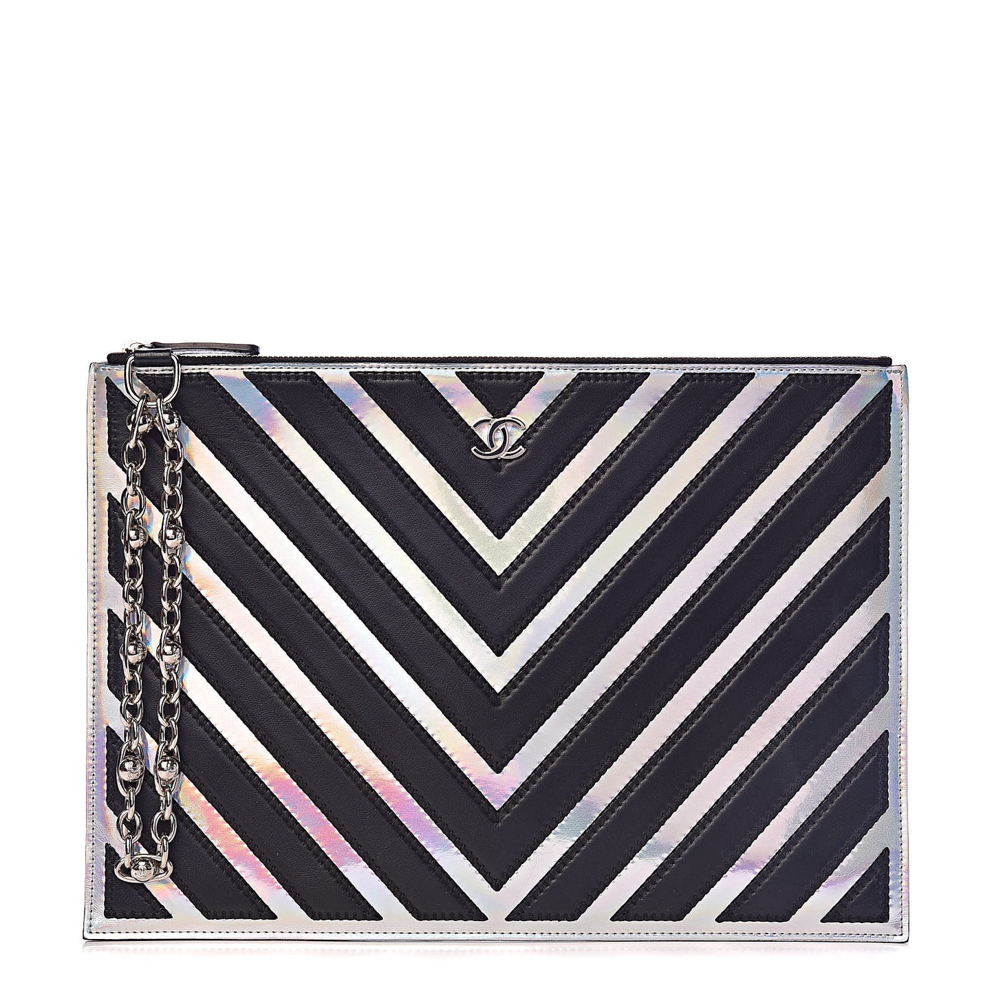 Lambskin Metallic Chevron Zip Pouch Black Silver