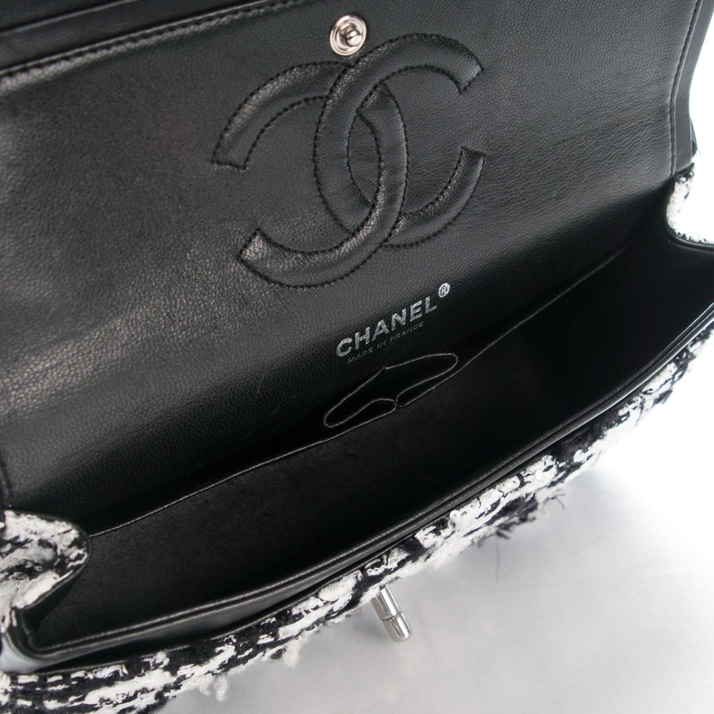 Tweed Medium Double Flap Black White
