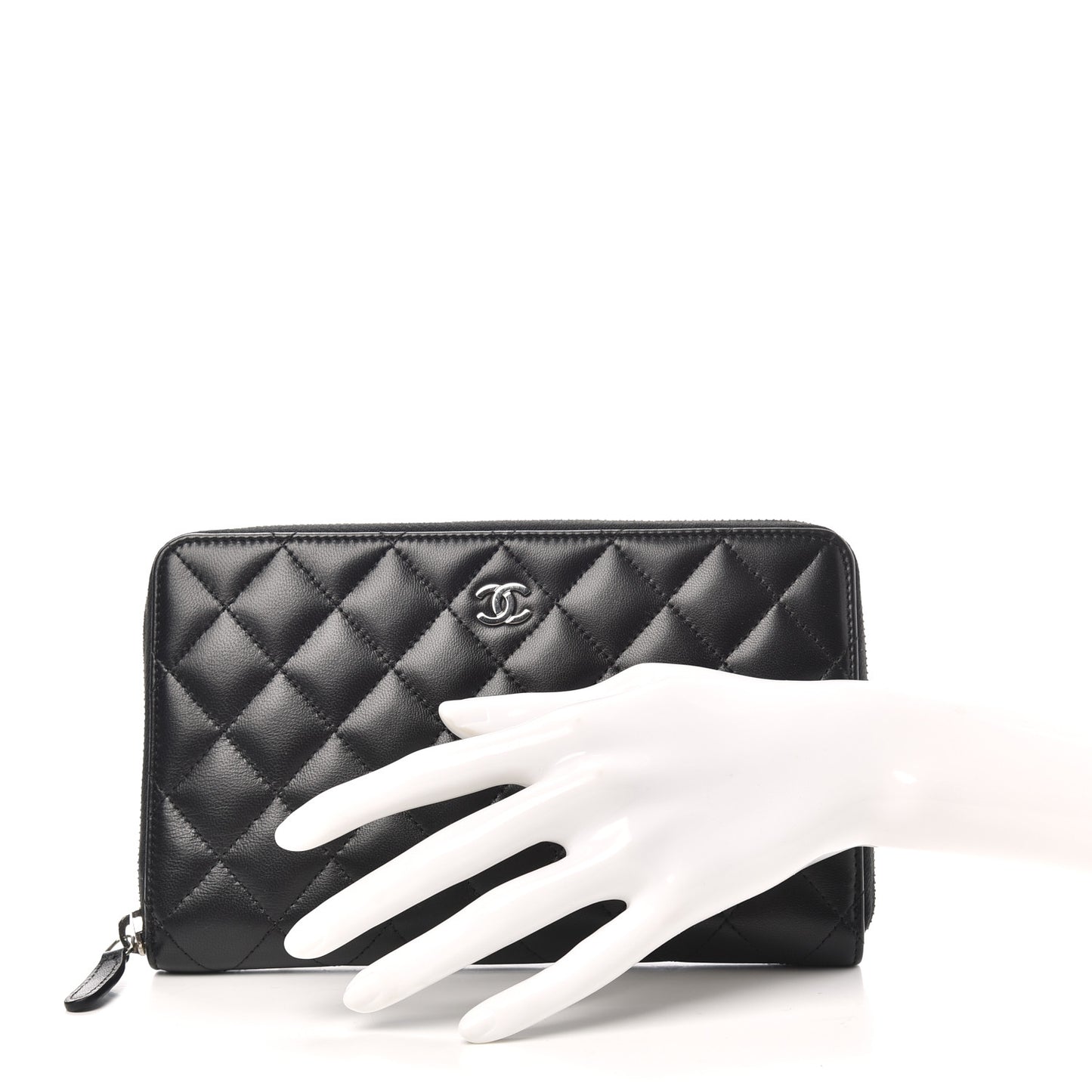 Lambskin Quilted Large Zip Around Organizer Wallet Black