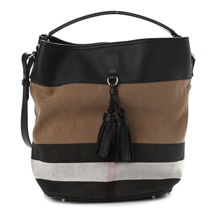 Burberry Grainy Calfskin Canvas Mega Check Medium Ashby Tassel Hobo Black 1 of 14